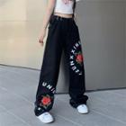 High Waist Rose Print Lettering Loose-fit Jeans