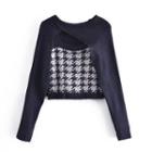 Set: Cropped Sweater + Houndstooth Knit Camisole Top Navy Blue - One Size