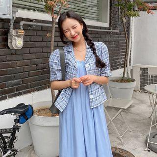 Puff-sleeve Plaid Tweed Blouse
