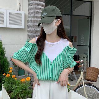 Mock Two-piece Short-sleeve Cold Shoulder Striped Top