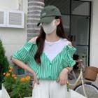 Mock Two-piece Short-sleeve Cold Shoulder Striped Top