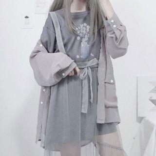 Long-sleeve Blouse / Spaghetti Strap Midi Mesh Dress / Short-sleeve Printed T-shirt