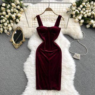 Velvet Slit Spaghetti-strap Dress