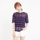 Short-sleeve Striped Hooded Knit Top