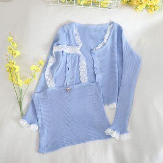 Lace Trim Cardigan / Halter-neck Knit Crop Top