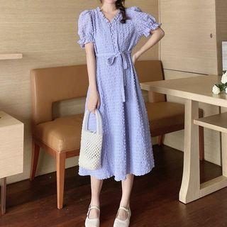 Short-sleeve Textured Midi A-line Dress Purple - One Size