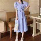 Short-sleeve Textured Midi A-line Dress Purple - One Size
