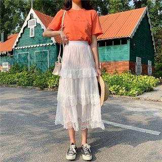 Lettering Embroidered Short-sleeve Top / Plain High-waist Skirt
