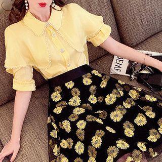 Set: Short-sleeve Blouse + Floral Print Midi A-line Skirt