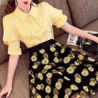 Set: Short-sleeve Blouse + Floral Print Midi A-line Skirt
