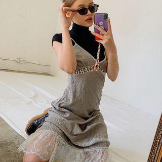 Sleeveless Lace-detail Long Satin Dress