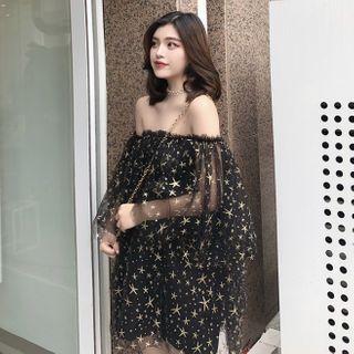 3/4-sleeve Off-shoulder Glitter Mini A-line Mesh Dress
