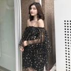 3/4-sleeve Off-shoulder Glitter Mini A-line Mesh Dress