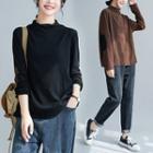 Long-sleeve Mock-neck Patched T-shirt