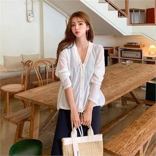 Drawcord Sheer Knit Cardigan Ivory - One Size