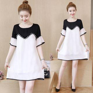 Elbow-sleeve Beaded A-line Chiffon Mini Dress