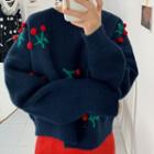 Cherry-printed Pompom Wool Blend Sweater