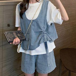 Ruched Denim Vest / Denim Shorts / Elbow-sleeve T-shirt