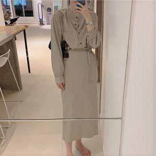 Long-sleeve Sashed Midi A-line Dress Almond - One Size