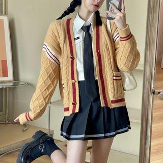 Long-sleeve Contrast Trim Knit Cardigan Cardigan - One Size