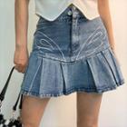 Wing Print Frilled-hem Denim Mini Skirt