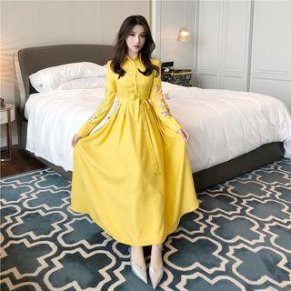 Embroidered Long-sleeve Maxi A-line Dress