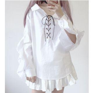 Lace-up Detail Ruffle Trim Blouse
