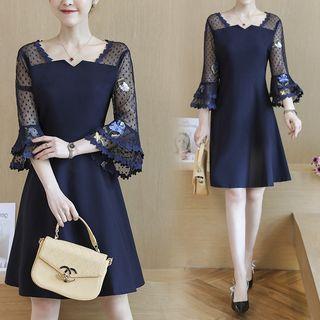 3/4-sleeve Embroidered Mesh Paneled A-line Dress