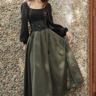 Set: Puff-sleeve Knit Blouse + Midi Skirt