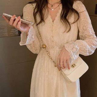 Bell-sleeve V-neck Lace Panel Midi A-line Dress