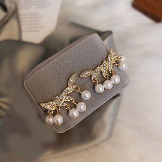 Rhinestone Leaf Faux Pearl Earring 1 Pair - As Shown In Figure - One Size