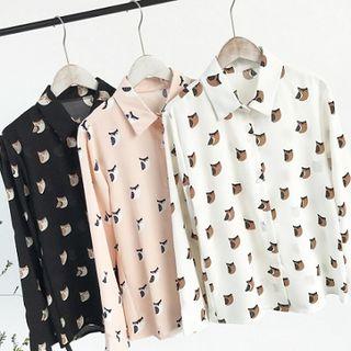Owl Printed Loose-fit Long-sleeve Chiffon Top