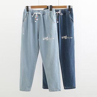 Drawstring Cat Embroidered Jeans