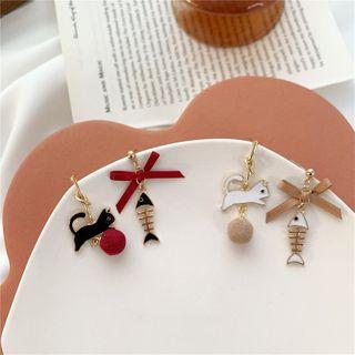 Non-matching Alloy Glaze Cat & Fish Bone Dangle Earring