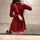 Long-sleeve Button Accent Plain Knit Dress Wine Red - One Size