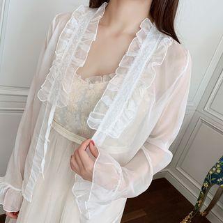 Lace Trim Ruffle Open Front Chiffon Jacket