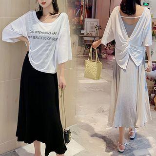 Set: Sleeveless A-line Midi Dress + 3/4-sleeve Letter Knotted T-shirt