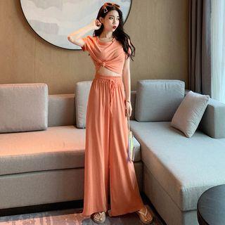 Set Of 2: Short-sleeve Crop Top + Drawstring High-waist Wide-leg Pants