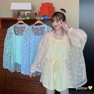 Floral Embroidered Mesh Blouse / Plain Camisole Top / Wide-leg Shorts / Set