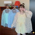 Floral Embroidered Mesh Blouse / Plain Camisole Top / Wide-leg Shorts / Set
