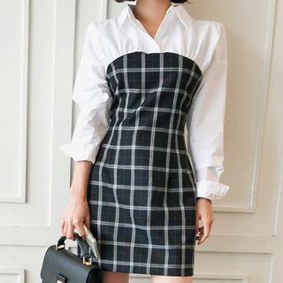 Long-sleeve Plaid Penal Mini Sheath Dress