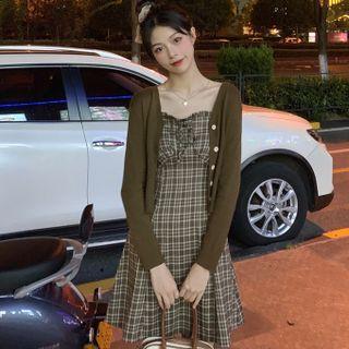 Spaghetti Strap Ruffle Trim Plaid Mini Dress / Cardigan