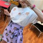Star Print Panel Mesh Cutout T-shirt / Print Bow Accent Mini Skirt