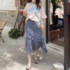 Elbow-sleeve Lettering T-shirt / Floral Print Midi Skirt