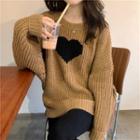 Long-sleeve Heart Printed Knit Sweater Khaki - One Size