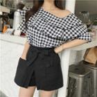 Set: Plaid Off Shoulder Elbow Sleeve Blouse + Wide Leg Shorts