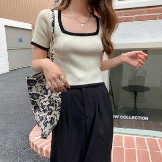 Square-neck Two-tone Knit Top
