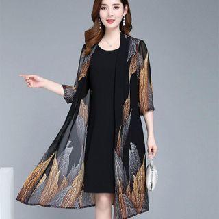 Set: Elbow-sleeve Print Long Jacket + Sleeveless Dress