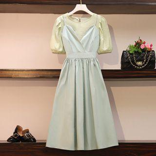 Balloon-sleeve Blouse / Silky Midi Pinafore Dress