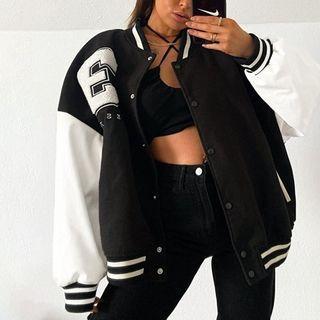 Long Sleeve Color-block Lettering Oversized Bomber Jacket